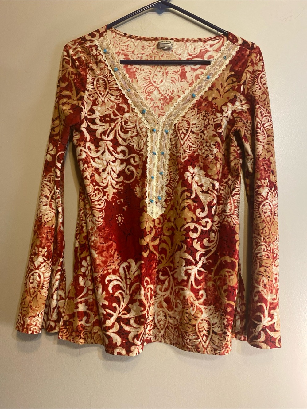 Vintage 579 Women M Paisley Tunic Beaded‎ V Neck Long Sleeve Y2K